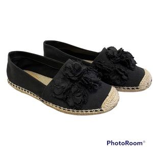 Schutz Canvas Espadrille Flats Black with Self Fabric Flower Size 8.5